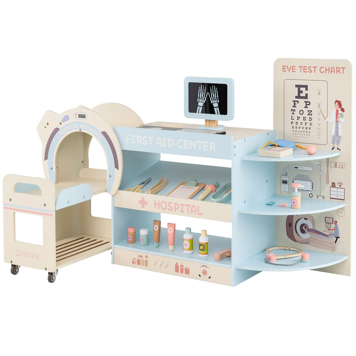 DREAMADE Arztspielset für Kinder, Krankenhaus aus Holz mit Sehtest, CT-Spielgerät & Röntgenapparat,
