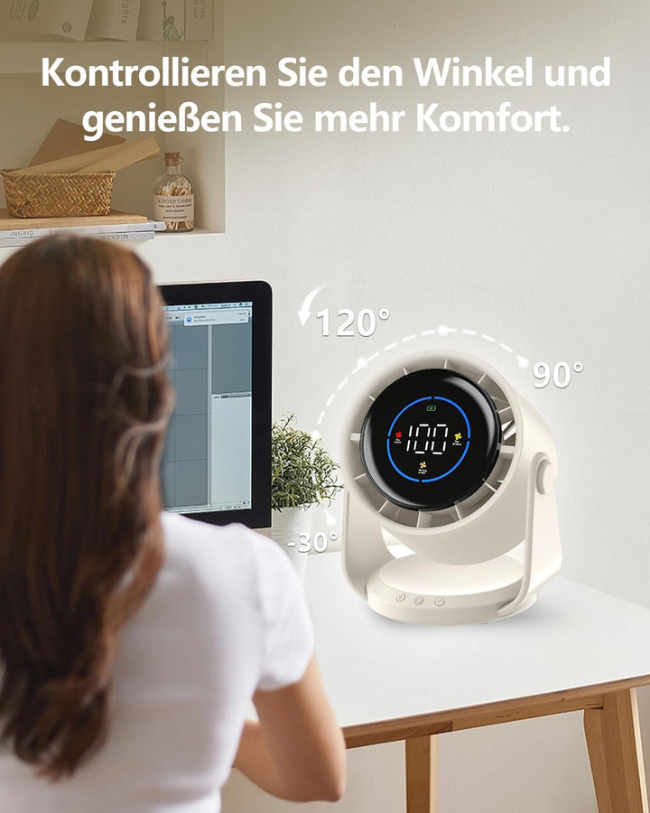 Tischventilator, USB Ventilator mit 100 Geschwindigkeitsstufen 105° Schwenkfunktion LED Display mit