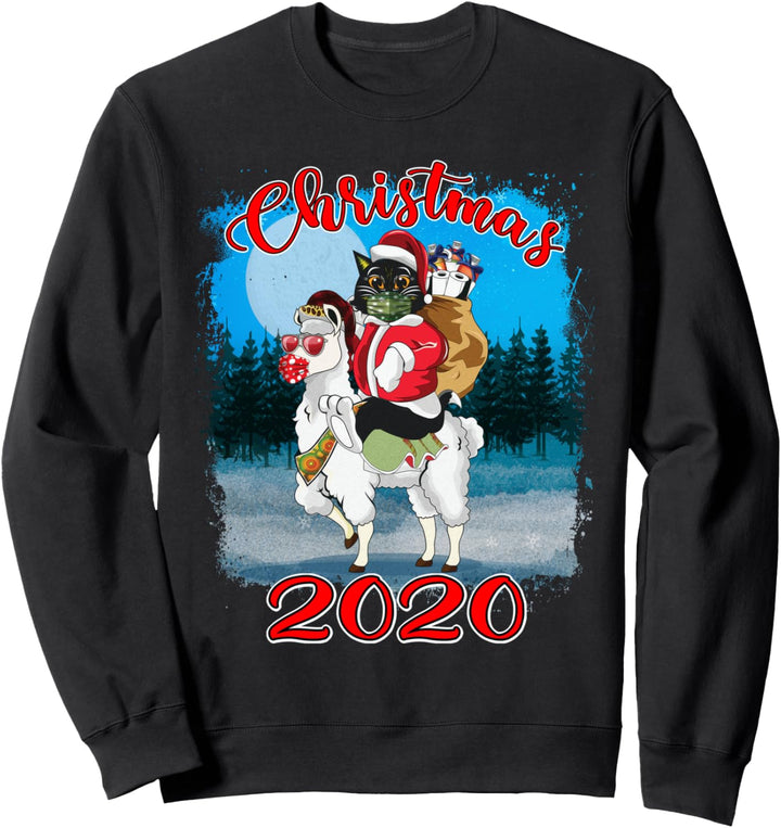 2020 Christmas Quarantine Shirt Santa Black Cat Riding Llama Sweatshirt