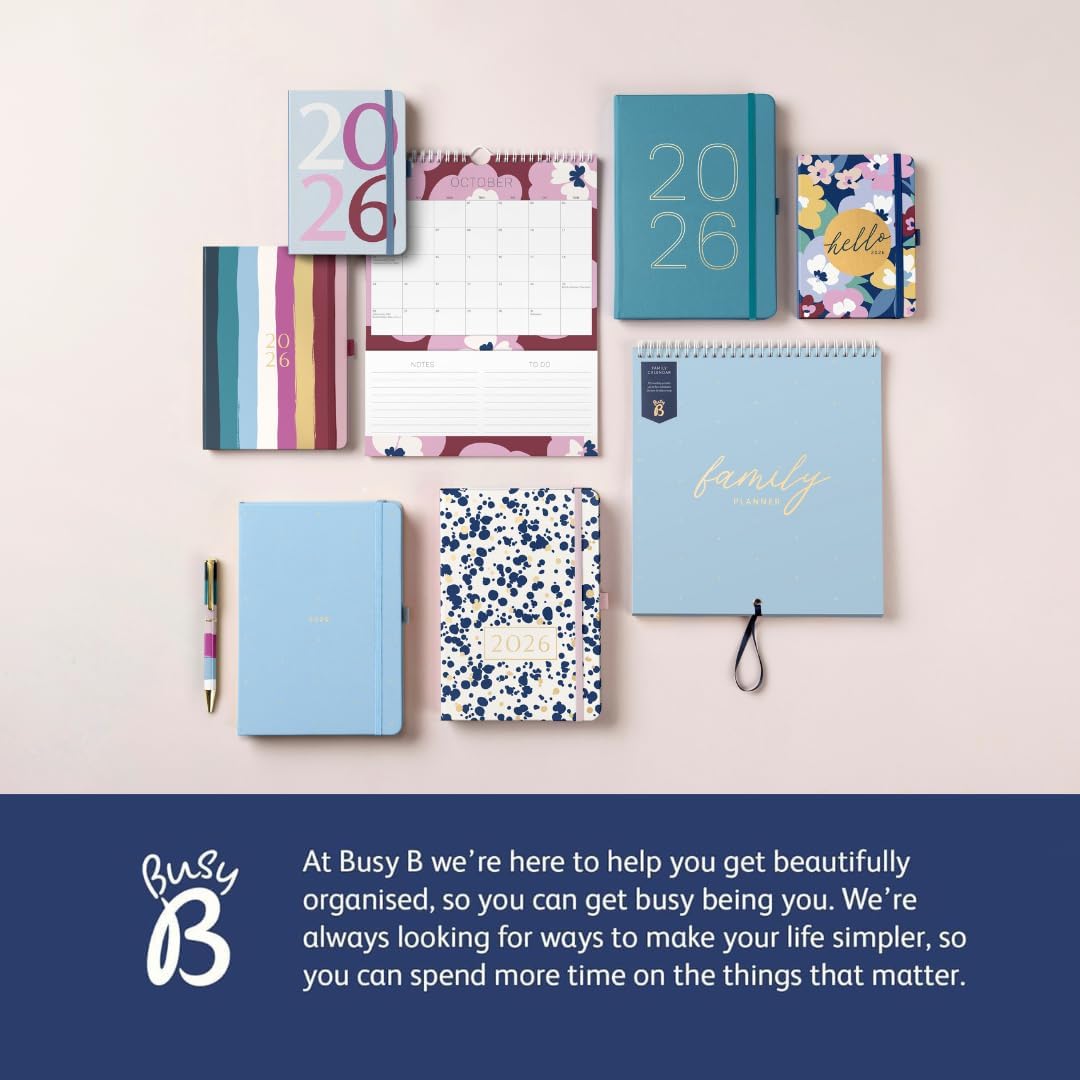 Busy B - Grosser Familien-Wandkalender 2026 - Puderblau Design mit 5 Spalten & Aufbewahrungstaschen