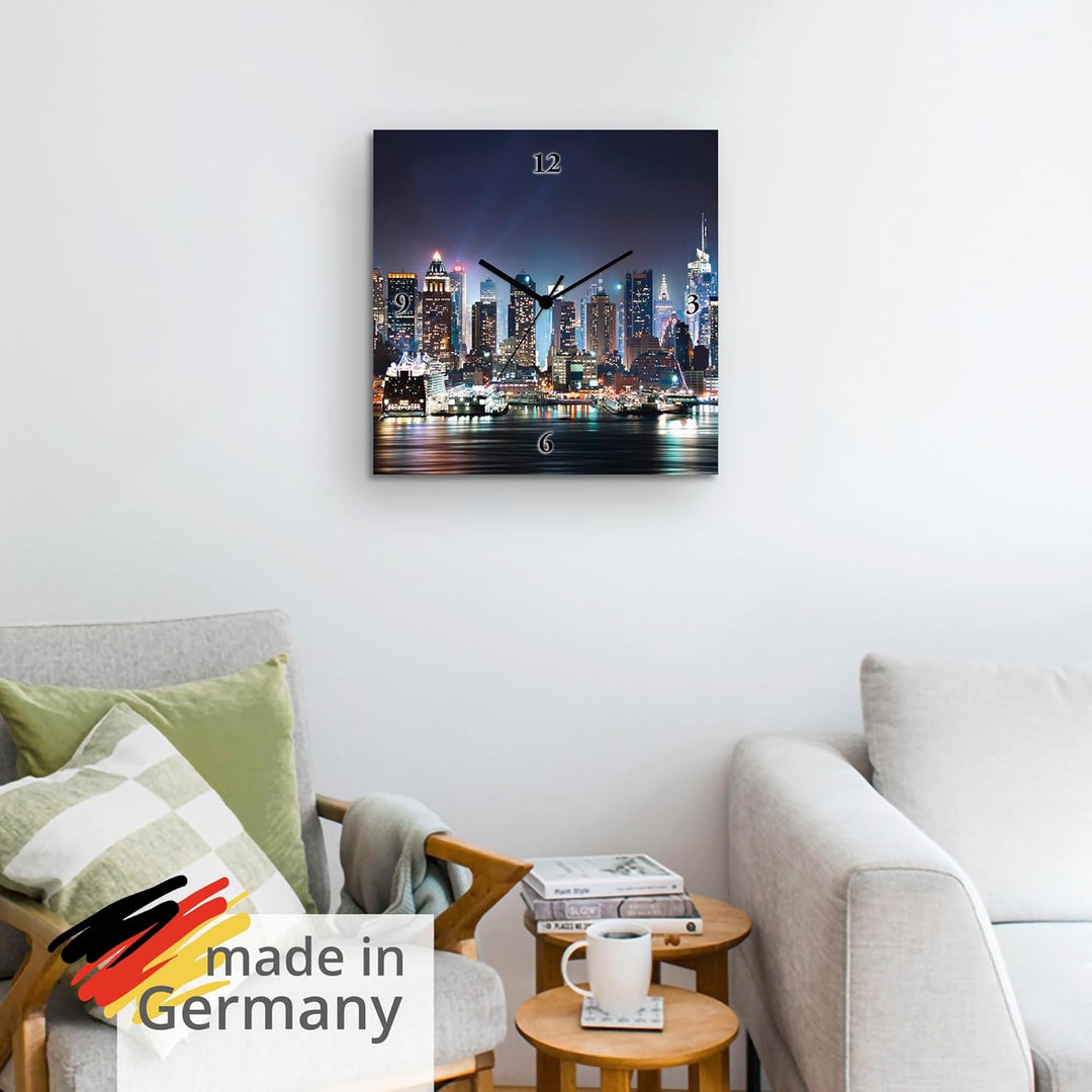 ARTLAND Wanduhr ohne Tickgeräusche Leinwand Quarzuhr 30x30 cm Quadratisch Lautlos New York City Time