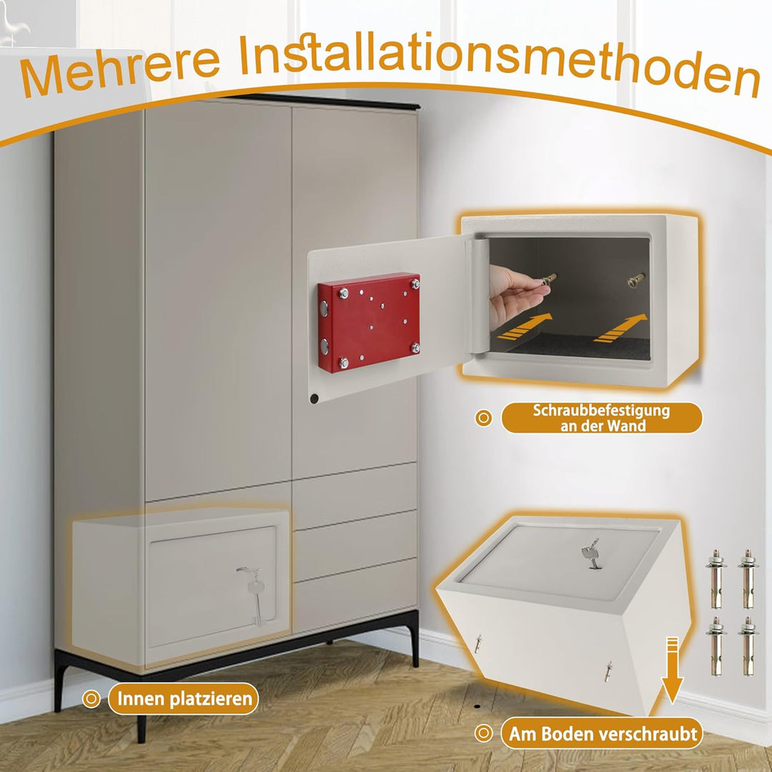 YUENFONG 31x20x20cm Safe Tresor Möbeltresor mit Doppelbartschloss, Wandsafe Schlüsseltresor inkl. 2