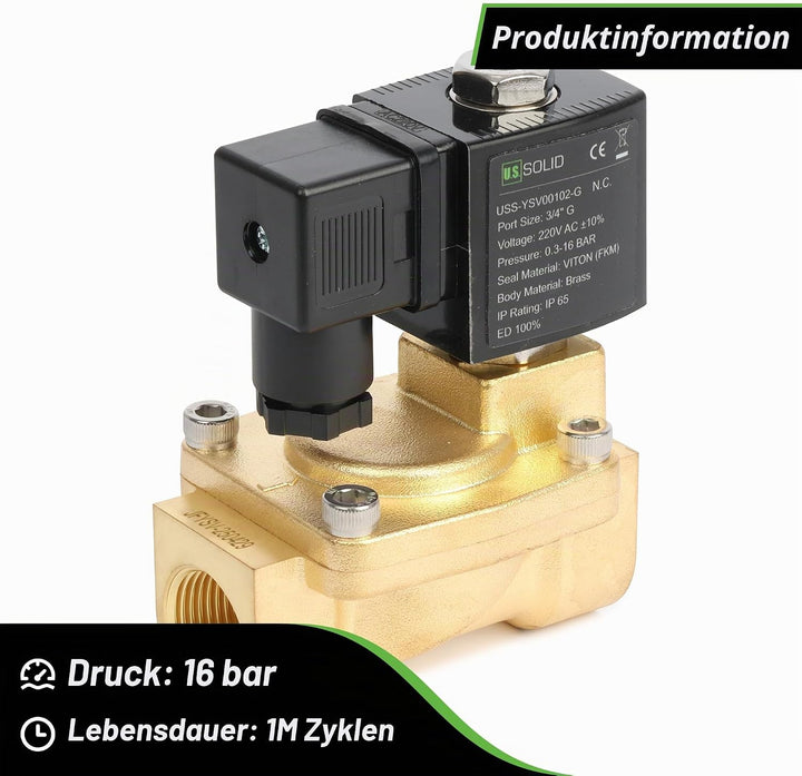 U.S. Solid Magnetventil Messing 3/4" 230V AC, 0,3-16 bar, stromlos geschlossen, VITON-Dichtung, G-Ge