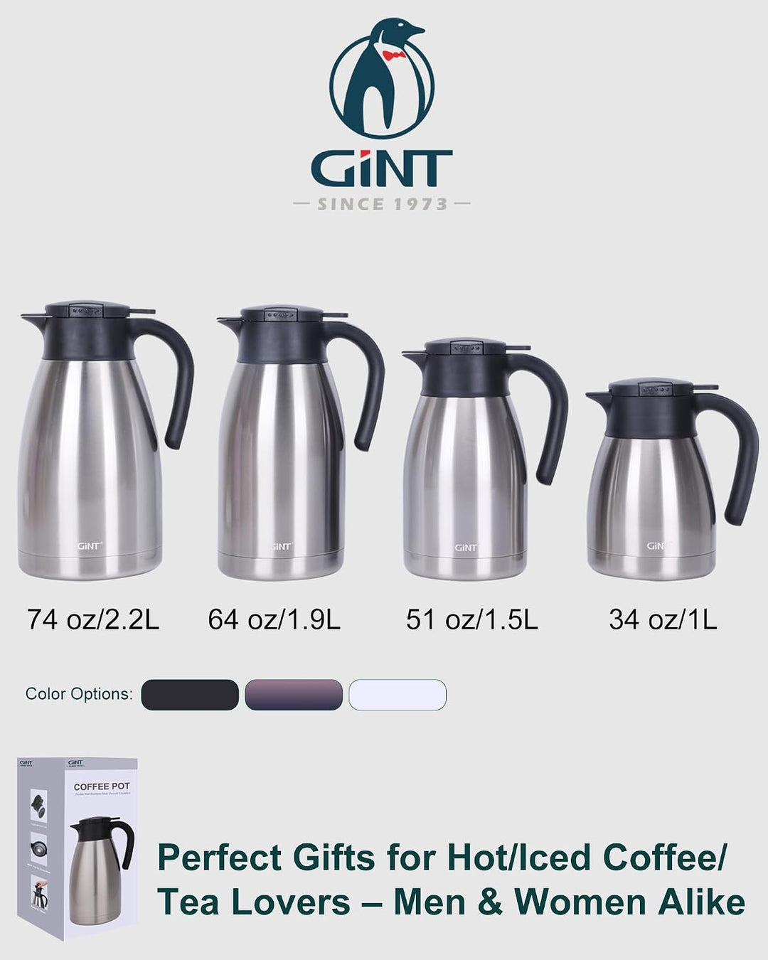 GiNT Thermo-Kaffeekaraffe, isolierte Edelstahl-Kaffeekaraffen zum Warmhalten/doppelwandige Vakuum-Ka