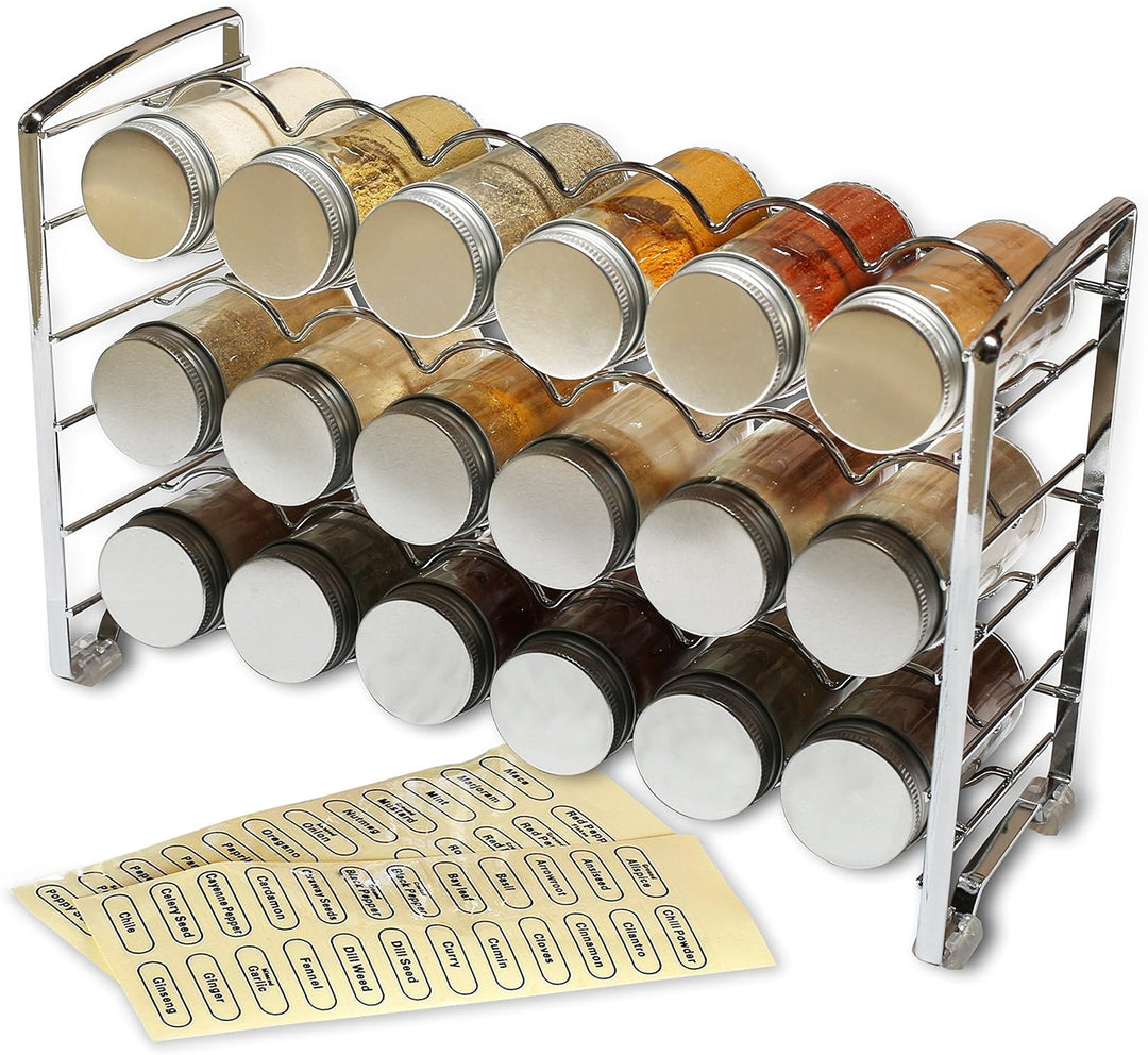 DecoBros Spice Rack Stand Holder with 18 Bottles and 48 Labels, Chrome by Deco Brothers, Chrome