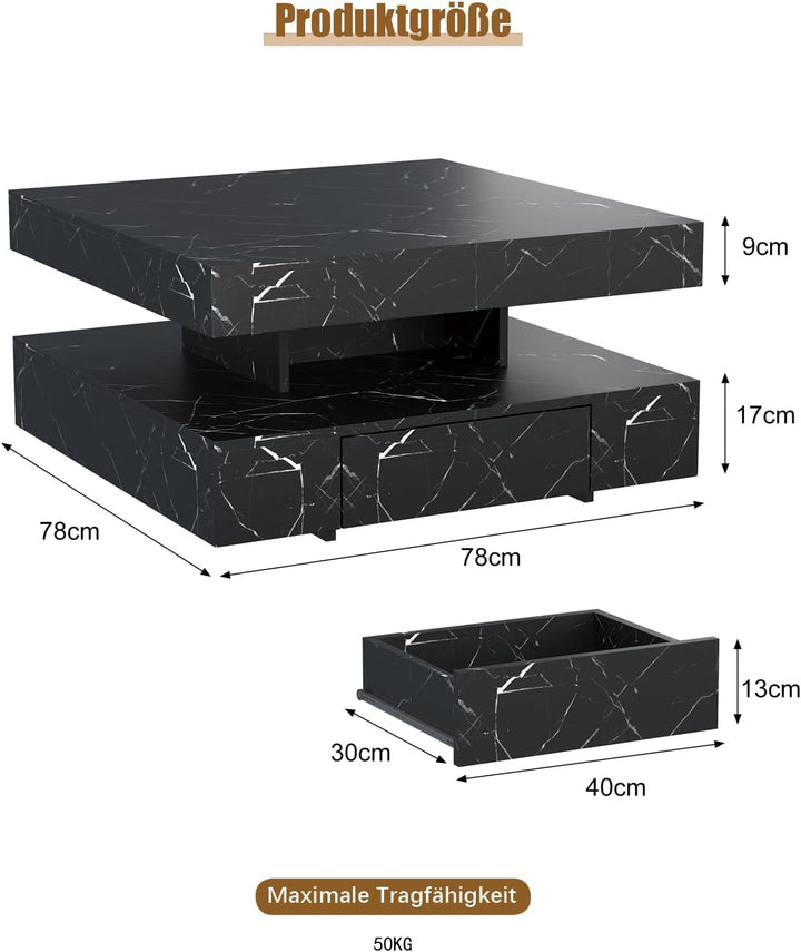 KEEPREAPER Couchtisch LED, Wohnzimmertisch mit 2 Schubladen für Wohnzimmer 78 x 78 x 40cm (Schwarz M