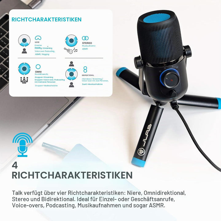 JLab Talk USB Mikrofon PC Plug und Play mit USB-C, 4 Richtcharakteristiken, Lautstärkeregelung und S