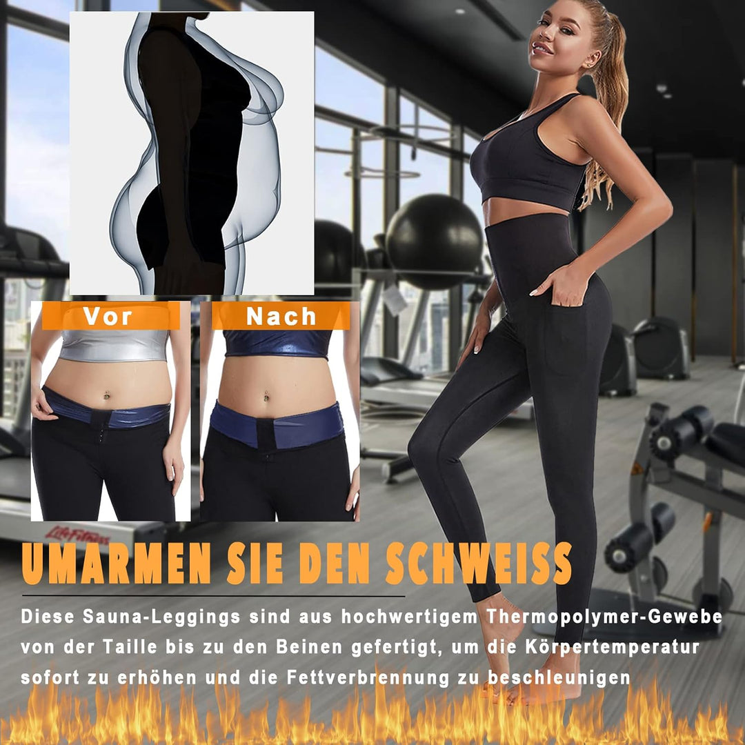 Merlvida Schwitzhose zum Abnehmen Sauna Leggings Damen High Waist Sportleggins mit Taschen Hot Therm