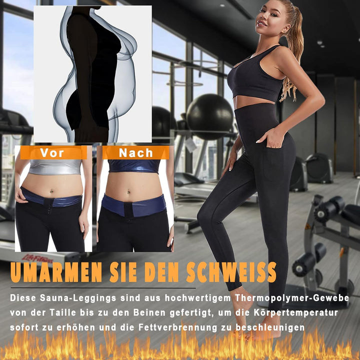 Merlvida Schwitzhose zum Abnehmen Sauna Leggings Damen High Waist Sportleggins mit Taschen Hot Therm