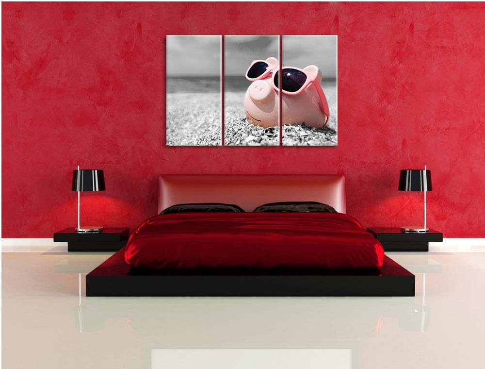 Cooles Sparschwein mit Sonnenbrille am Strand schwarz/weiss 3-Teiler Leinwandbild 120x80 Bild auf Le