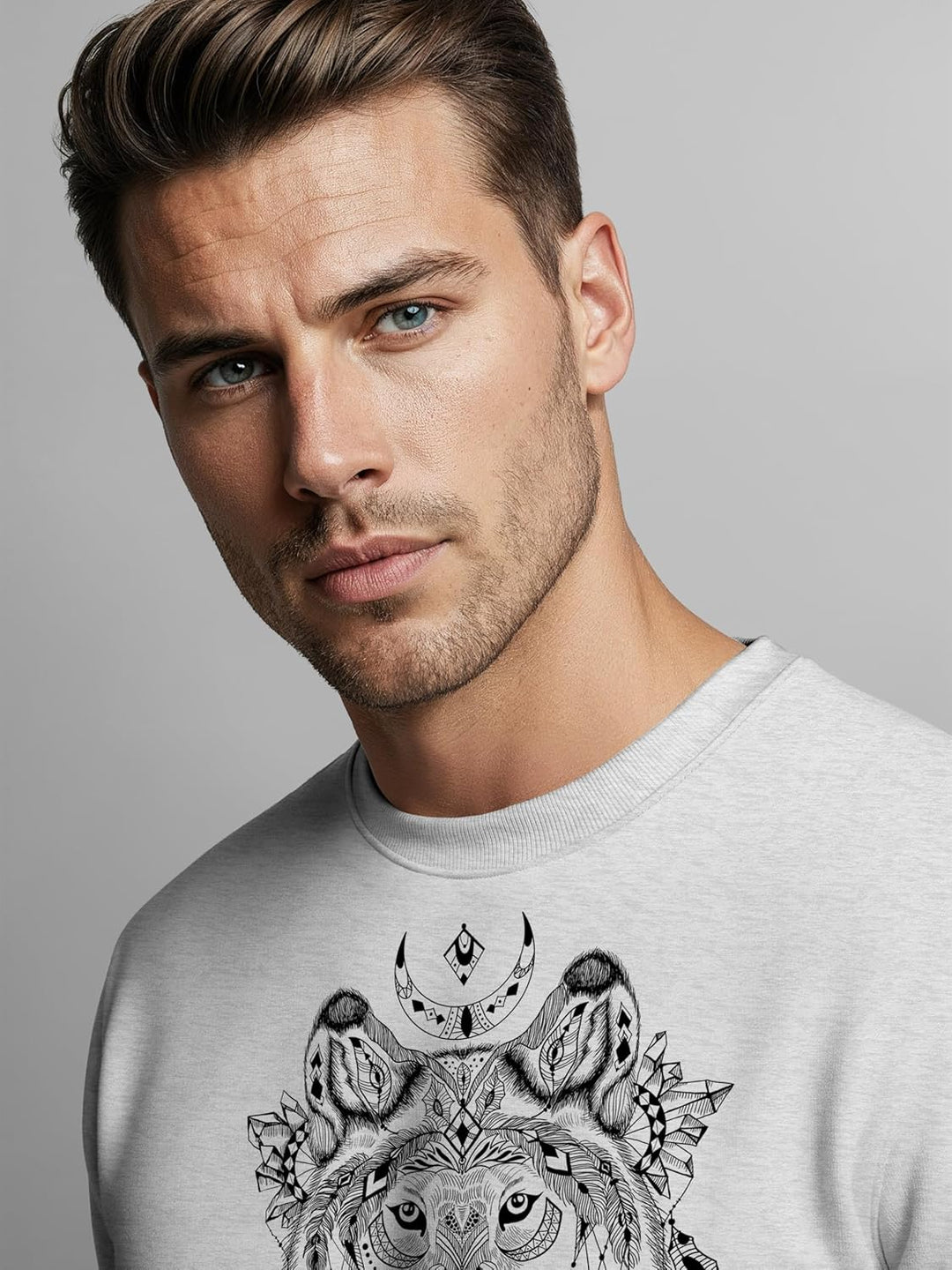 Neverless® Sweatshirt Herren Aufdruck Wolf-Motiv Print Boho Bohemian Ethno Style Rundhals-Pullover g