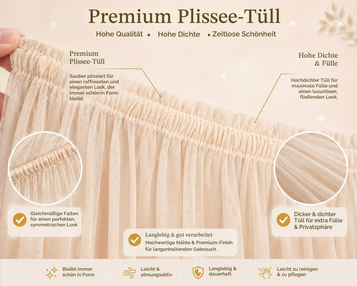 Baby Fancyroom Betthimmel für Hausbett, Bettvorhang aus Tüll, Beige, 2er Set mit Schleifen und Pompo