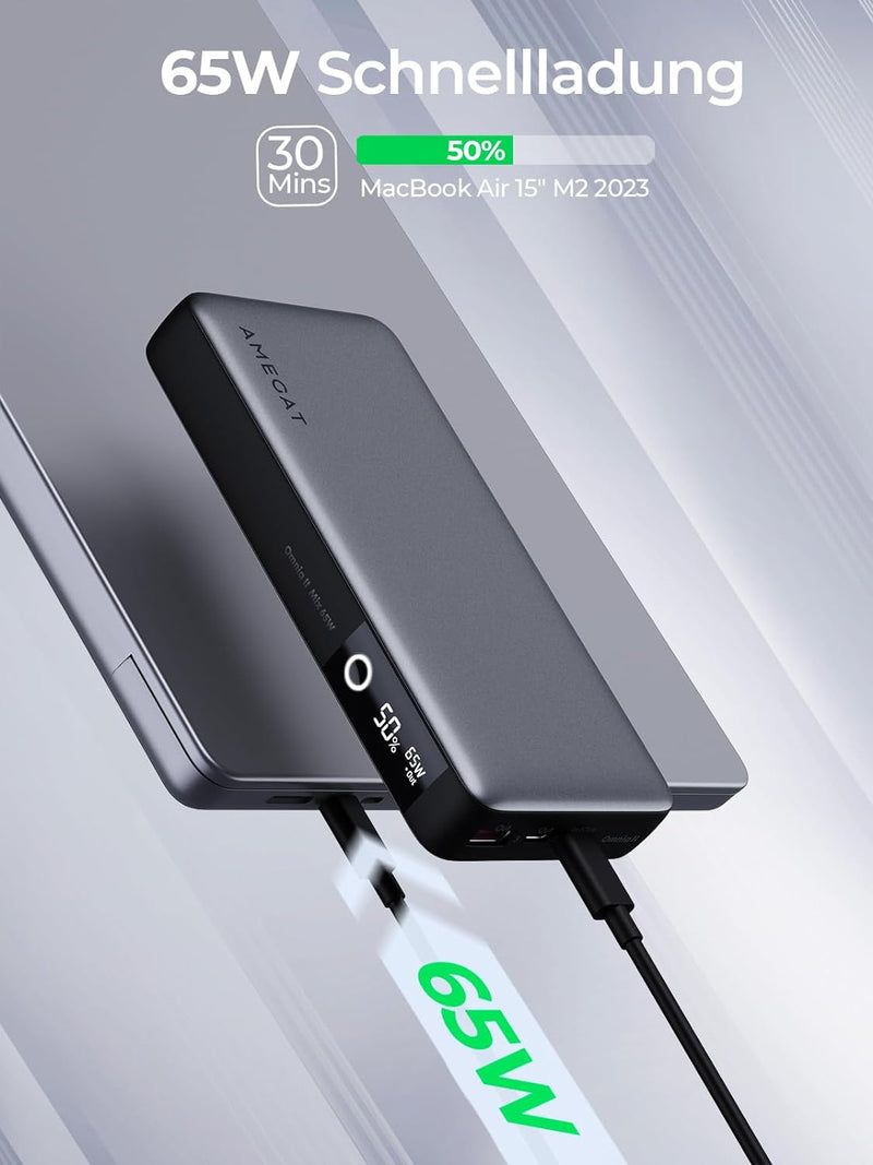 AMEGAT Power Bank 65W, 20000mAh Powerbank, USB C Input&Output externer Akku 3 Ports, Digitales Displ