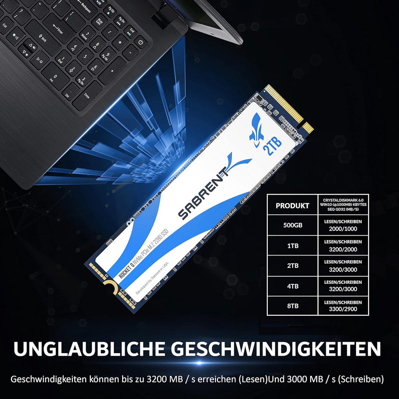 Sabrent M.2 NVMe SSD 2TB, Internes Solid State 3200 MB/s Lesen, PCIe 3.0 2280, intern Festplatte Hig