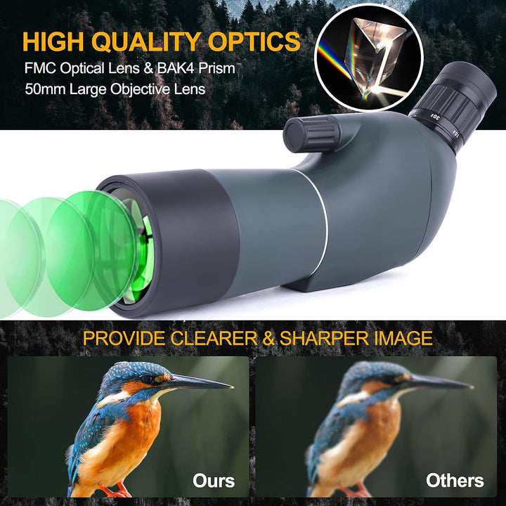 15-45x50 Spektiv mit Stativ, Tragetasche und Smartphone Adapter, HD Wasserdichtes Monokularfernrohr