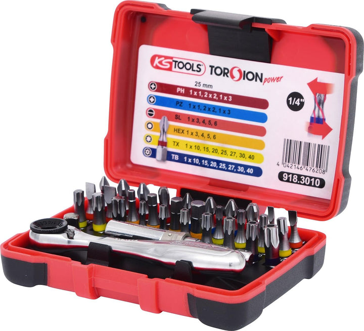 KS Tools 918.3010 1/4" TORSIONpower Bit-Box, 32-teilig, Bitbox für Handbetätigung und Elektroschraub