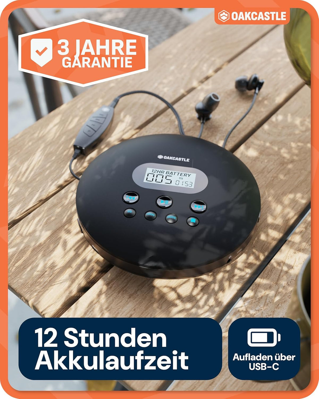 Oakcastle CD100 Tragbarer Retro-CD-Player mit Bluetooth, inklusive Kopfhörer mit Kabel, Kleiner CD P