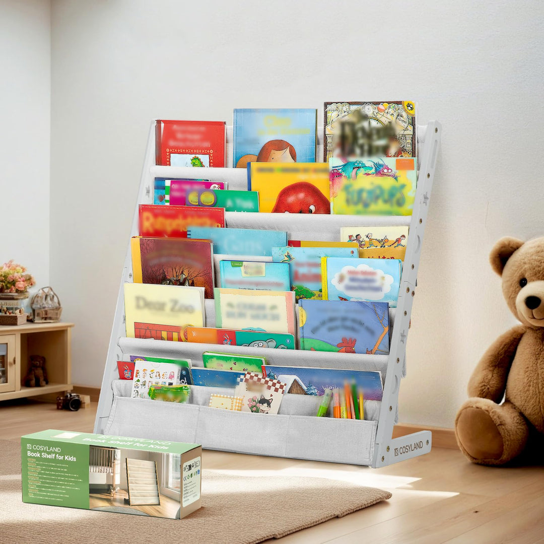 COSYLAND Bücherregal Kinder mit 6 Oxford-Stoff Fächern - Kinderbücherregal aus Naturholz - Bücherreg