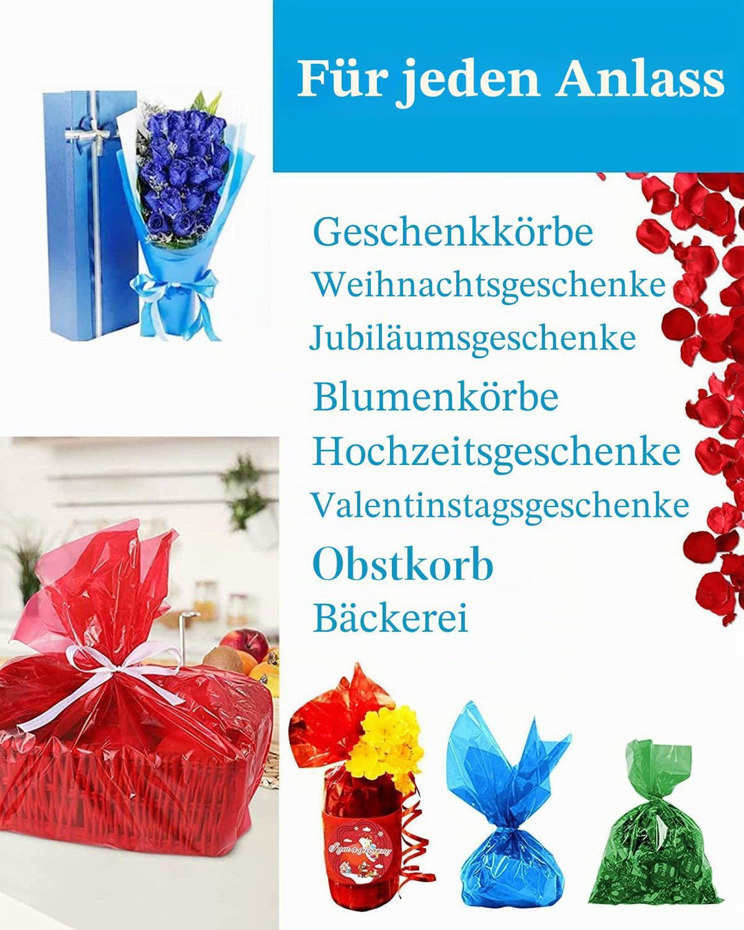 Geschenkfolie Transparent Grün 45cm x 30m, 3 Mil Dicke Durchsichtiges Geschenkpapier, Zellophanfolie