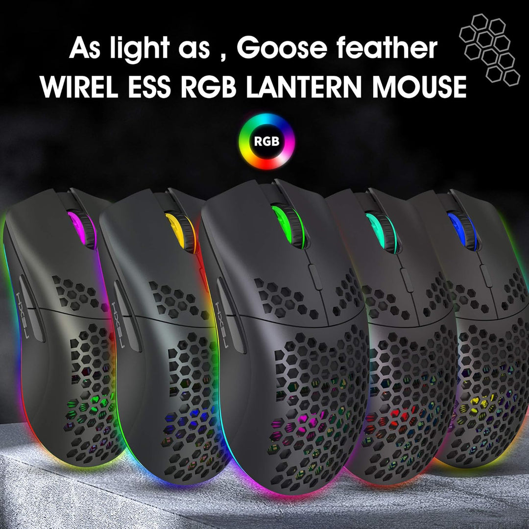 Drahtlose Gaming Maus, 2,4G Superleichte Wabenschale Ergonomische RGB-Mäuse mit 750mAh Akku, Energie