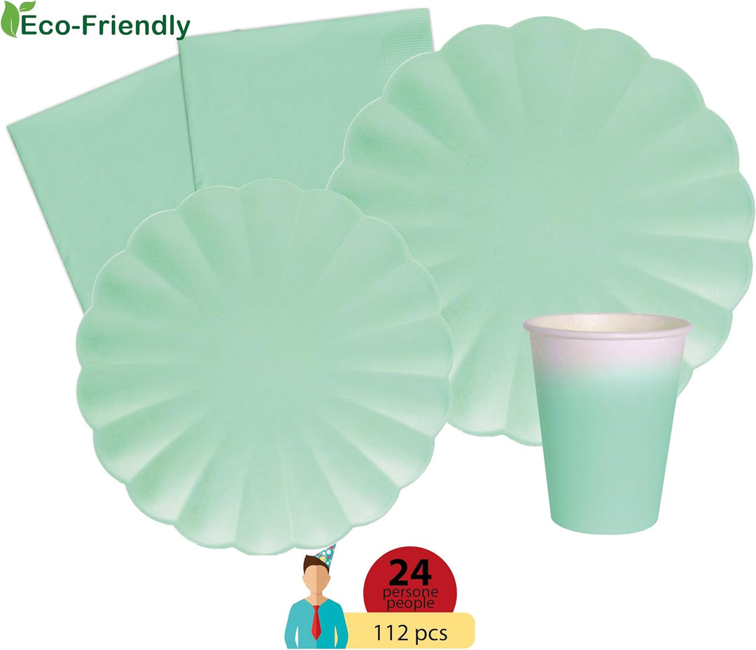 Ciao - Party Tableware Set Flower Shape for 24 People (112 pcs: 24 Plates Ø23cm, 24 Plates Ø18cm, 24