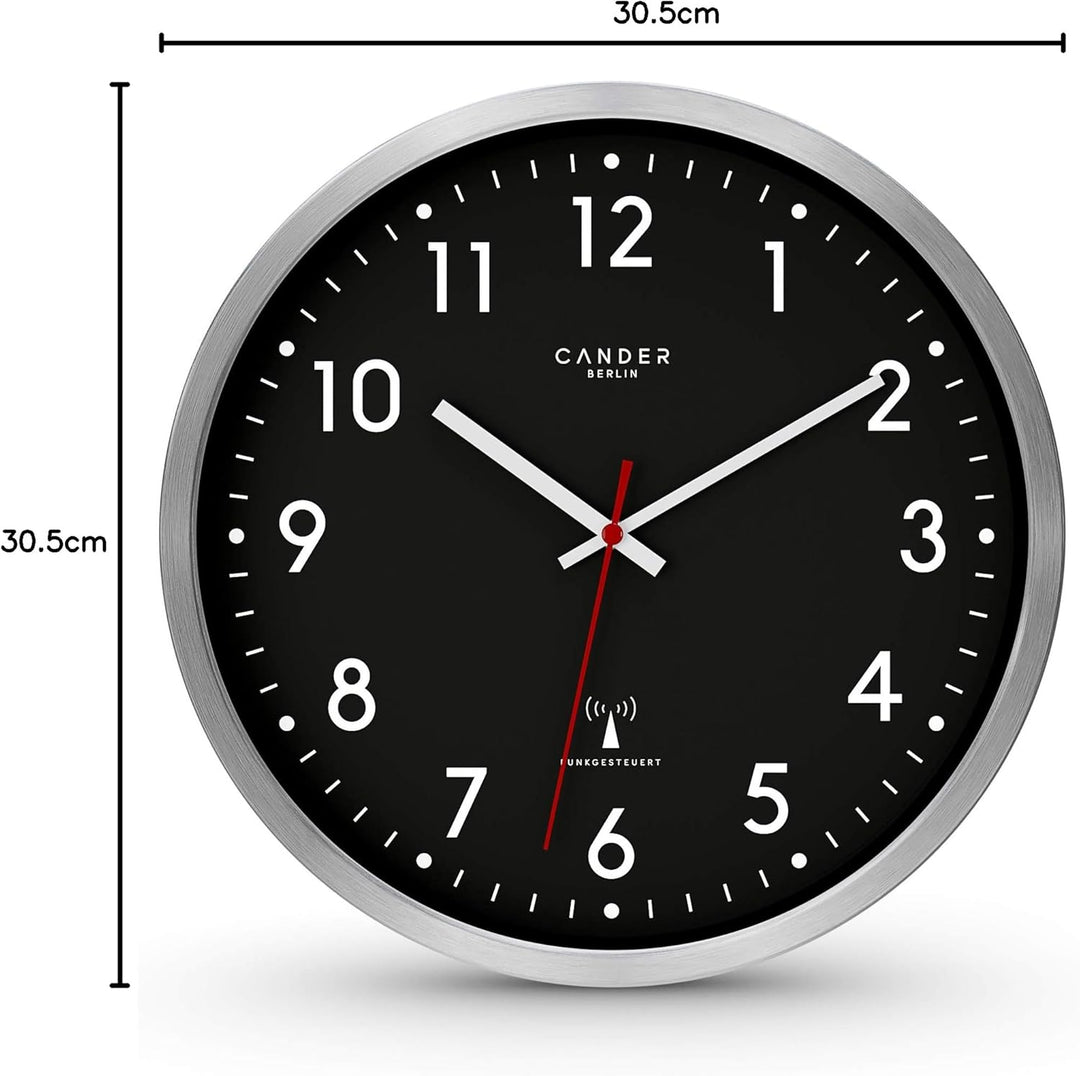Cander Berlin MNU 3030 S Wanduhr Funk lautlos 30,5 cm analog Aluminium geräuschlos schwarz Funkuhr o
