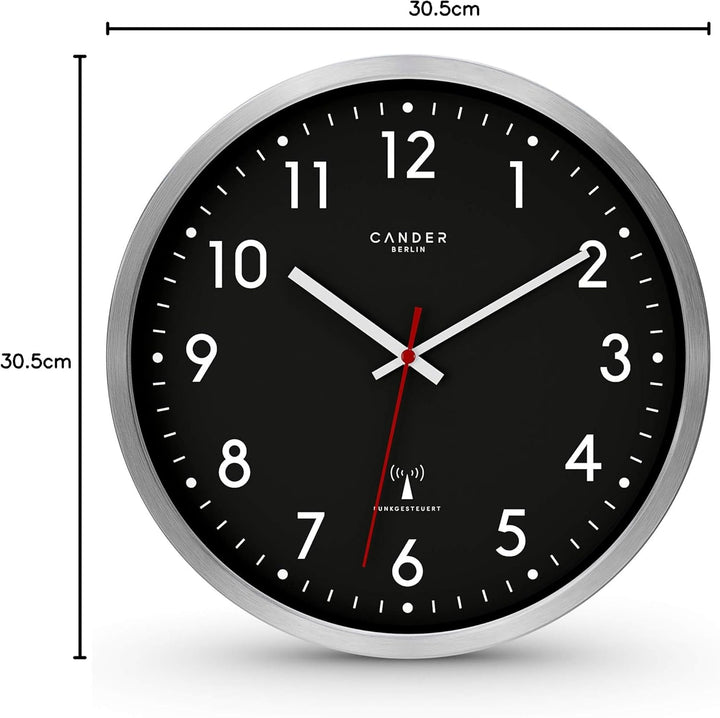 Cander Berlin MNU 3030 S Wanduhr Funk lautlos 30,5 cm analog Aluminium geräuschlos schwarz Funkuhr o