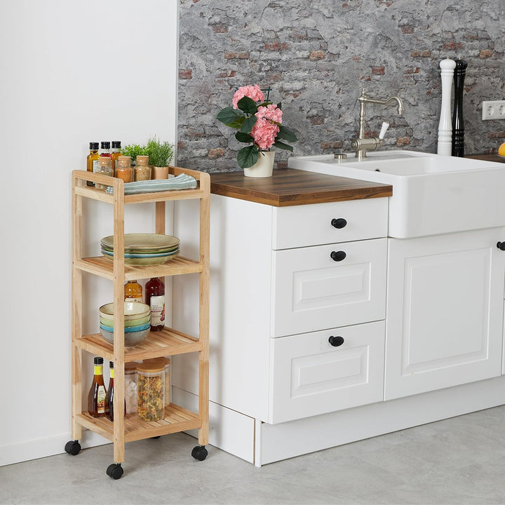 Relaxdays Badregal, Holz, HxBxT: 97 x 35 x 31 cm, Holzregal mit Rollen, 4 Ablagen, Regal für Badezim