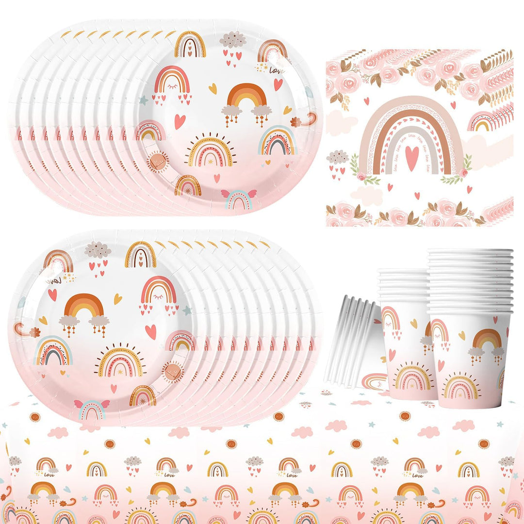 Bohemian Rainbow Partygeschirr Set,Doyomtoy Serve 20 Gäste Geburtstag Partygeschirr,Tischdecken,Tell