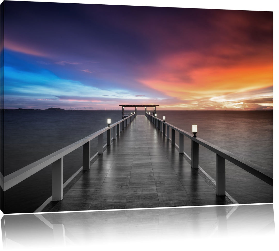 Pixxprint Moderner Holzsteg ins Meer als Leinwandbild/Grösse: 100x70 cm/Wandbild/Kunstdruck/fertig b