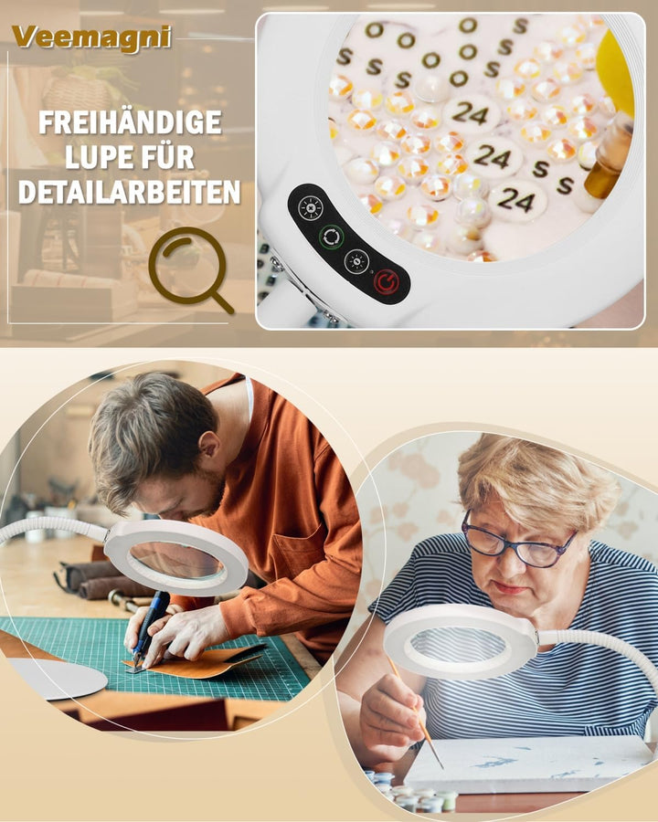 Veemagni 10X Lupe mit Licht und Ständer, 5 Farbmodi stufenlos dimmbare LED beleuchtete Schreibtischl