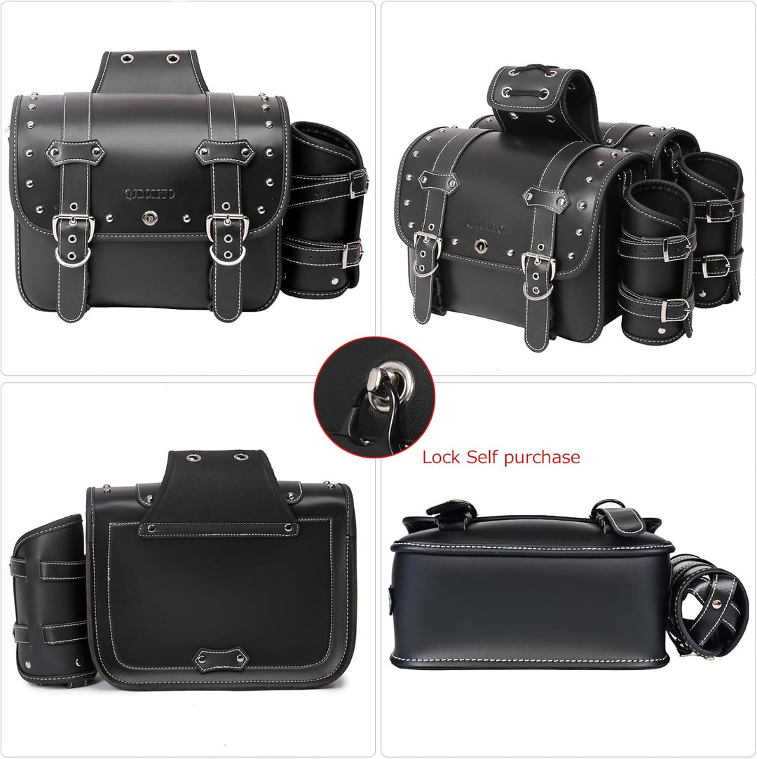 QJBOMTO Motorrad-Satteltaschen aus hochdichtem Leder,Gepäckträger-Seitentaschen mit Getränkehalter,