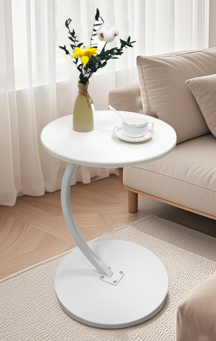 johgee Beistelltisch Holz Weiss, Couchtisch Rund, C-förmige Stütze, Tischplatte Durchmesser 40cm, sc