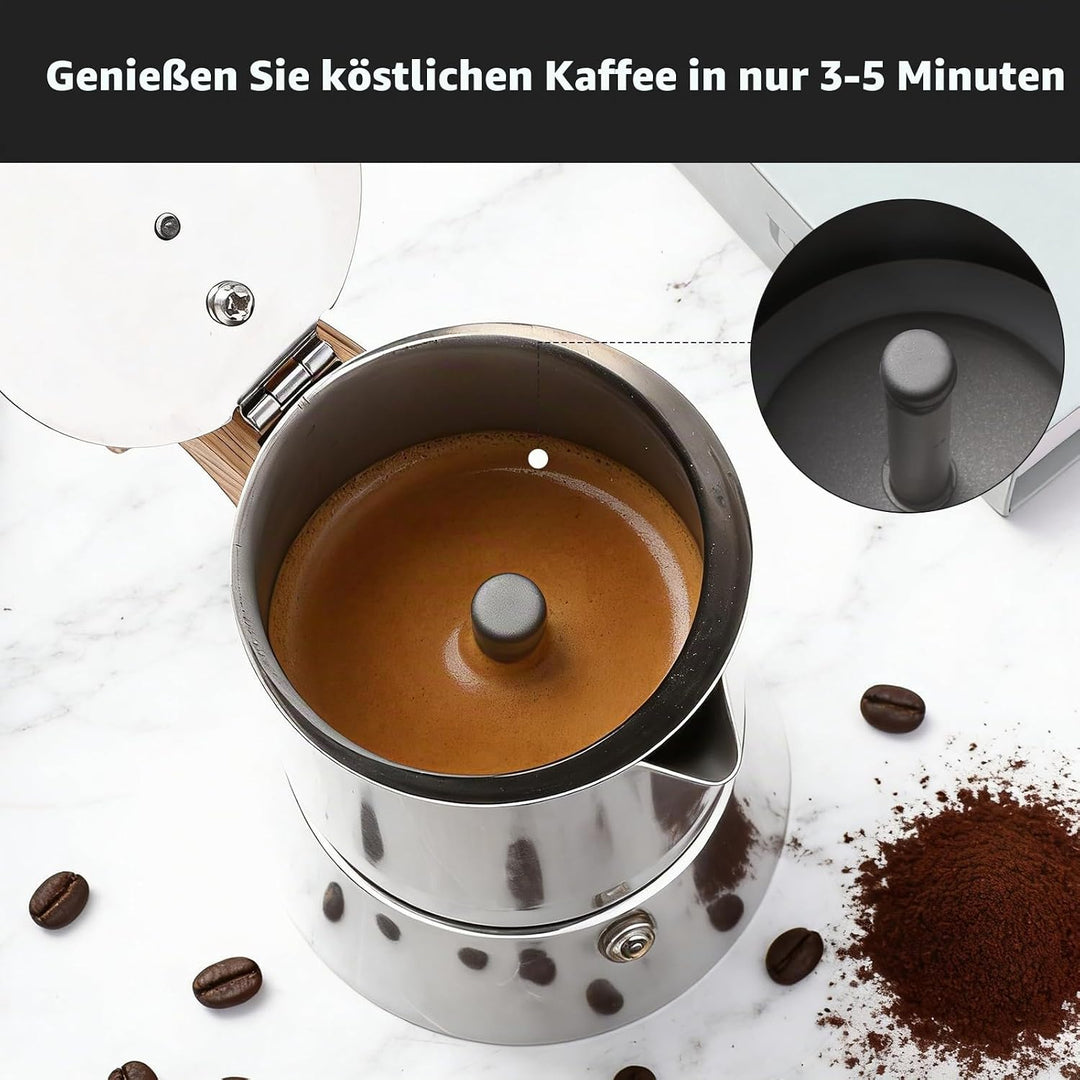 Romon Espressokocher Edelstahl, 6 Tassen 300ml Silber, Mokkakanne Mit Holzgriff, Geeignet Für Glaske