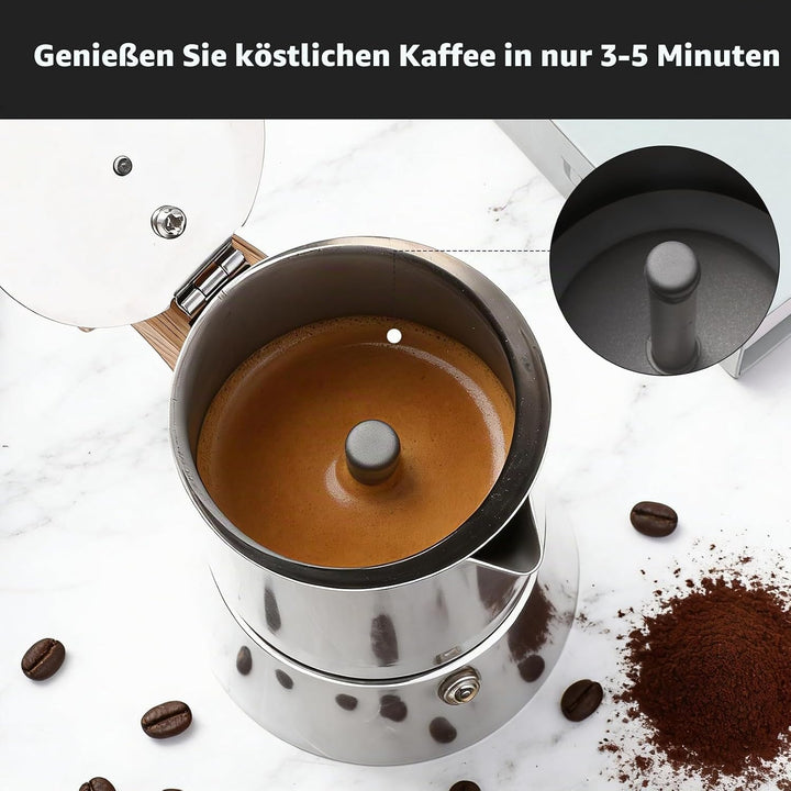 Romon Espressokocher Edelstahl, 6 Tassen 300ml Silber, Mokkakanne Mit Holzgriff, Geeignet Für Glaske