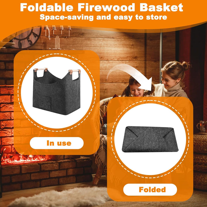 Extra Dickem Filz Kamin Holzkorb mit Verstärktem Holzgriff, Faltbarer Brennholzkorb Filztaschen, Dun