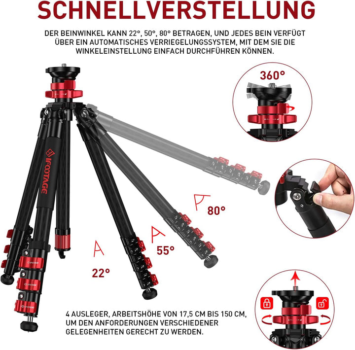 IFOOTAGE Gazelle TC5S,59"/150 cm Kamera Stativ,Kohlefaser-Videostativ, 3 Abschnitte mit Mittelstange