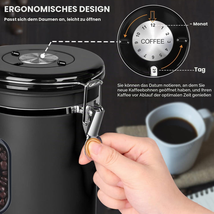 ROCKY&amp;CHAO Kaffeedose Luftdicht aus Edelstahl 1,5L Kaffeebhnen Behälter 500g Vorratsdose für Tee Nüs