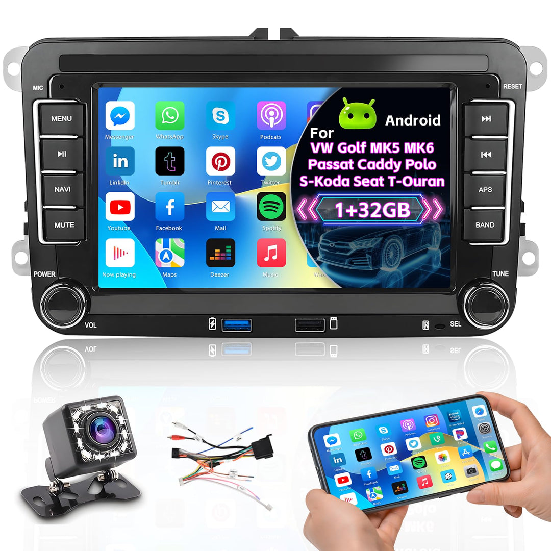 Hikity 1+32GB Autoradio Navi Für VW Passat Golf MK5 MK6 Caddy Polo T-Ouran Seat,7 Zoll Touchscreen A