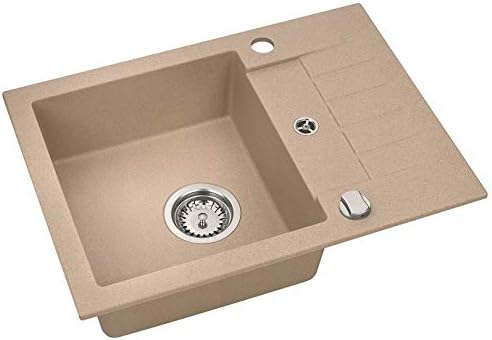 VBChome Spüle Beige 58 x 42 cm mit Spültischarmatur Granit Einzelbecken Einbauspüle flexibel gespren