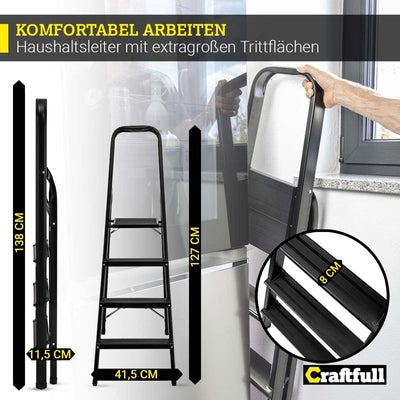 𝐂𝐑𝐀𝐅𝐓𝐅𝐔𝐋𝐋 Alu Stehleiter CF-133A | 𝟑 𝐉𝐀𝐇𝐑𝐄 𝐆𝐀𝐑𝐀𝐍𝐓𝐈𝐄 - Klappleiter mit Ablage - Haushaltsleiter - Alu