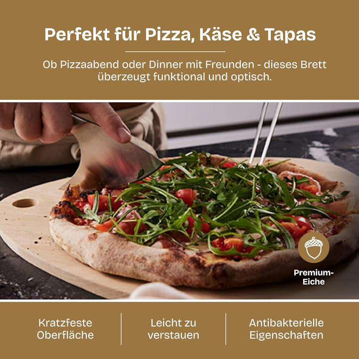Triarc Pizza Servierbrett aus Premium Eiche (42x40 cm) – Design Pizzaschieber & Servierplatte – Beid