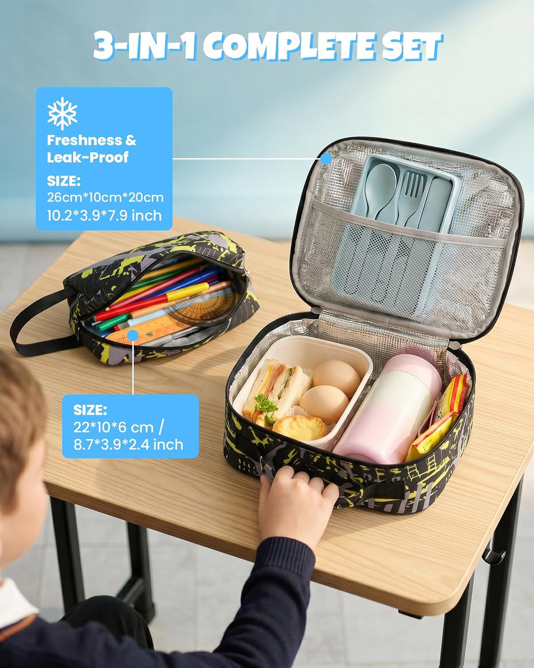 Schulrucksack Jungen Teenager 3 Teilig, Schultasche Kinder für 3. bis 7. Klasse mit Lunch Tasche Fed