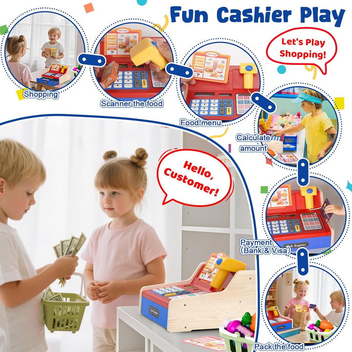 maysida Kinderkasse Holz-Registrierkasse mit Scanner & Sound für Kinder 3-5 Jahre, Spielzeug Kasse m