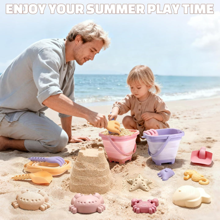 Dreamon Sandspielzeug Strandspielzeug Kinder, 18 PCS Reise Sandspielzeug mit Faltbarer Eimer, Sandka