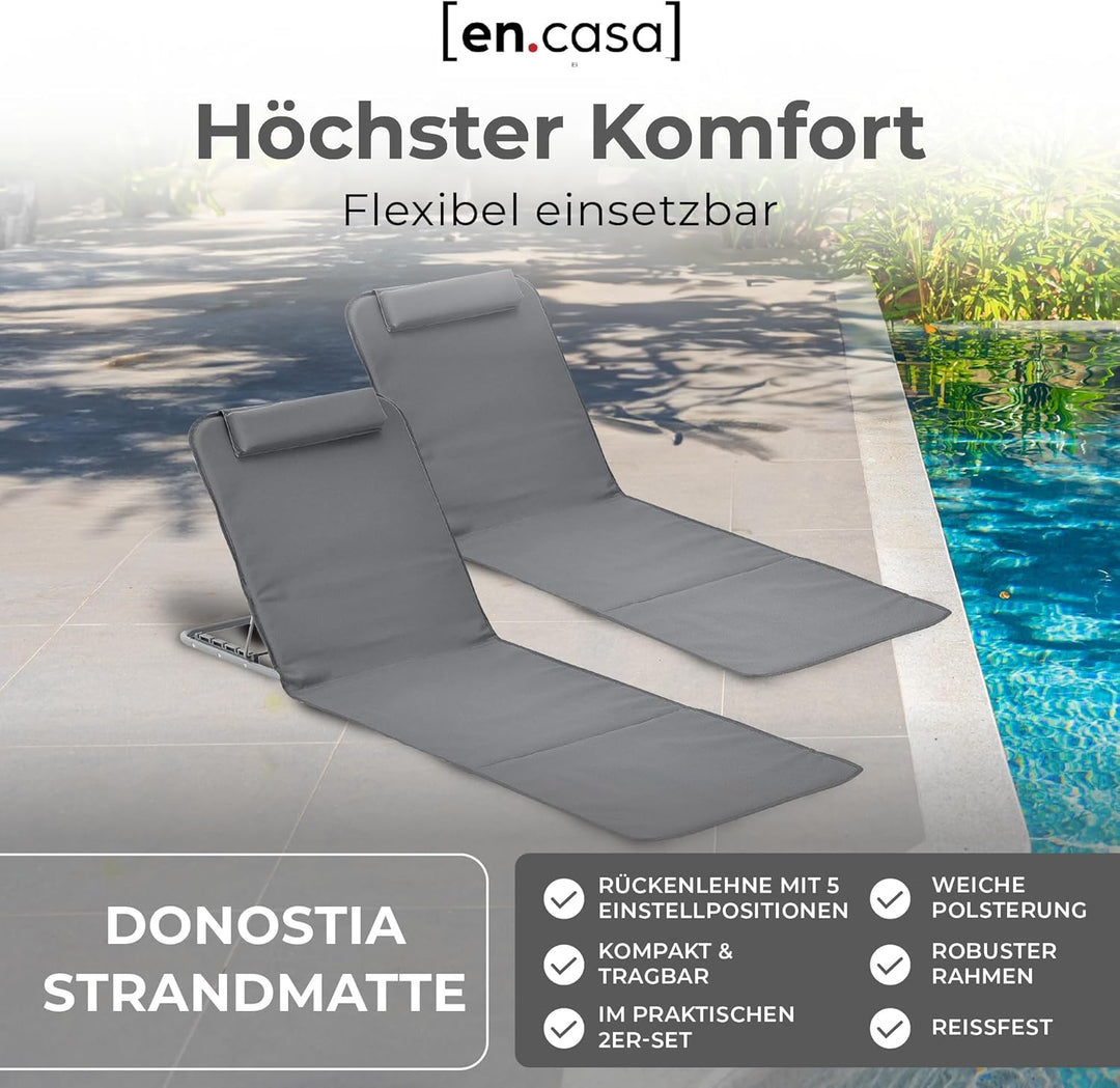 [en.casa] Strandmatte Donostia 2er Set Sonnenmatte klappbar Dunkelgrau Strandliege mit Verstellbarer