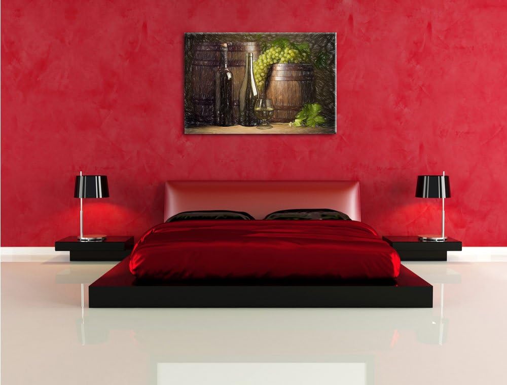 Pixxprint Fässer mit Weintrauben und Wein als Leinwandbild/Grösse: 100x70 cm/Wandbild/Kunstdruck/fer