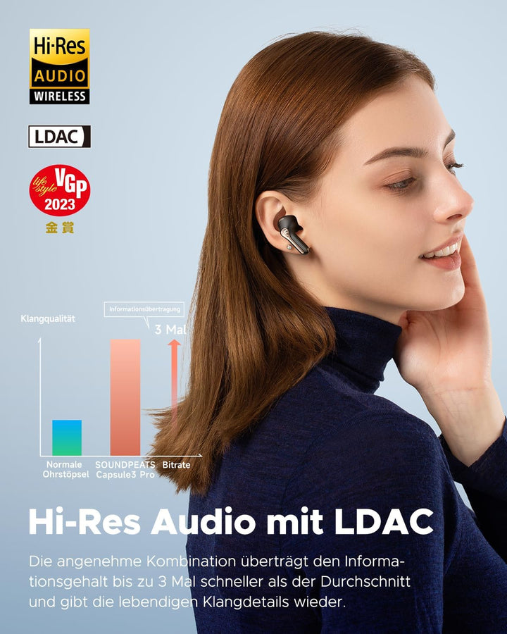 SoundPEATS Capsule3 Pro Bluetooth Kopfhörer Hi-Res Audio-Kopfhörer mit LDAC, 43dB Hybride aktive Ger