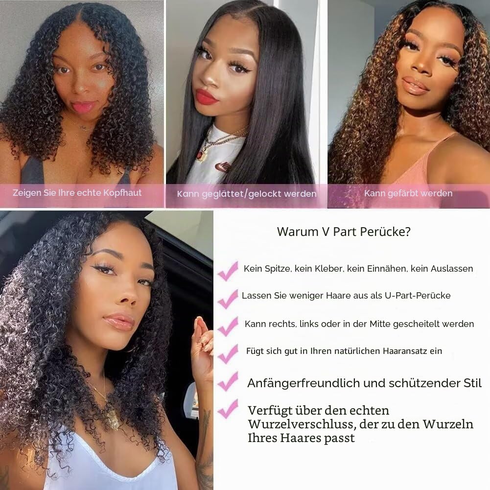 Echthaar Perücke 180% Density Real Hair Wig Human Hair Wigs For Women V Part Real Lockiges Menschlic