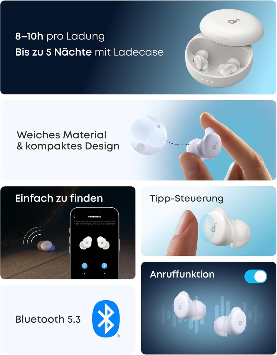 soundcore Sleep A30 von Anker, Schlafkopfhörer, Geräuschmaskierung, Bluetooth-Kopfhörer, adaptives S